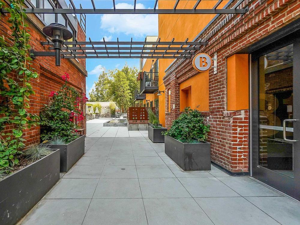 The paseo at the Building B entrance — original brick, vines, and planters beneath the steel trellis